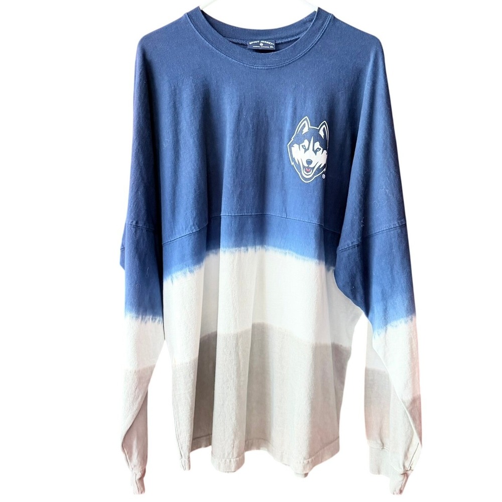 Spirit Jersey UConn Huskies Womens XL Navy Blue Ombre Dip Dye Long Sleeve Shirt‎